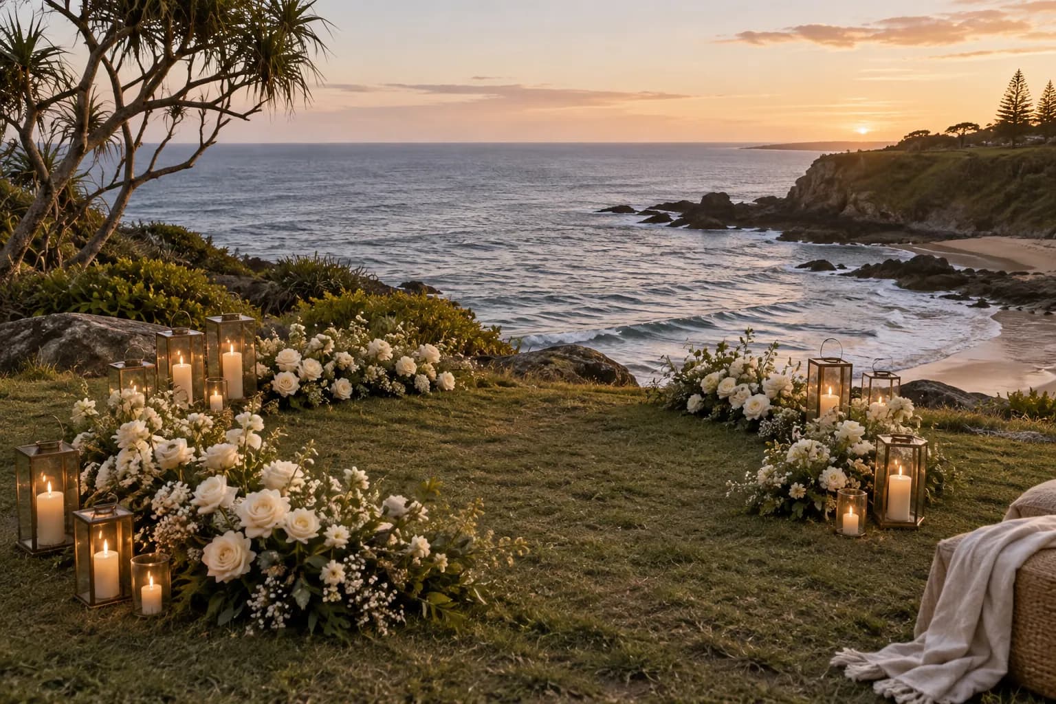 Illustrative white floral proposal setup with lanterns above a Gold Coast-inspired beach