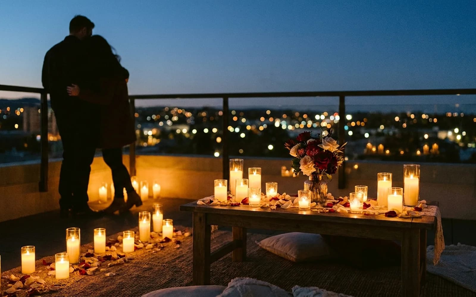 Candlelit rooftop proposal overlooking the Gold Coast skyline