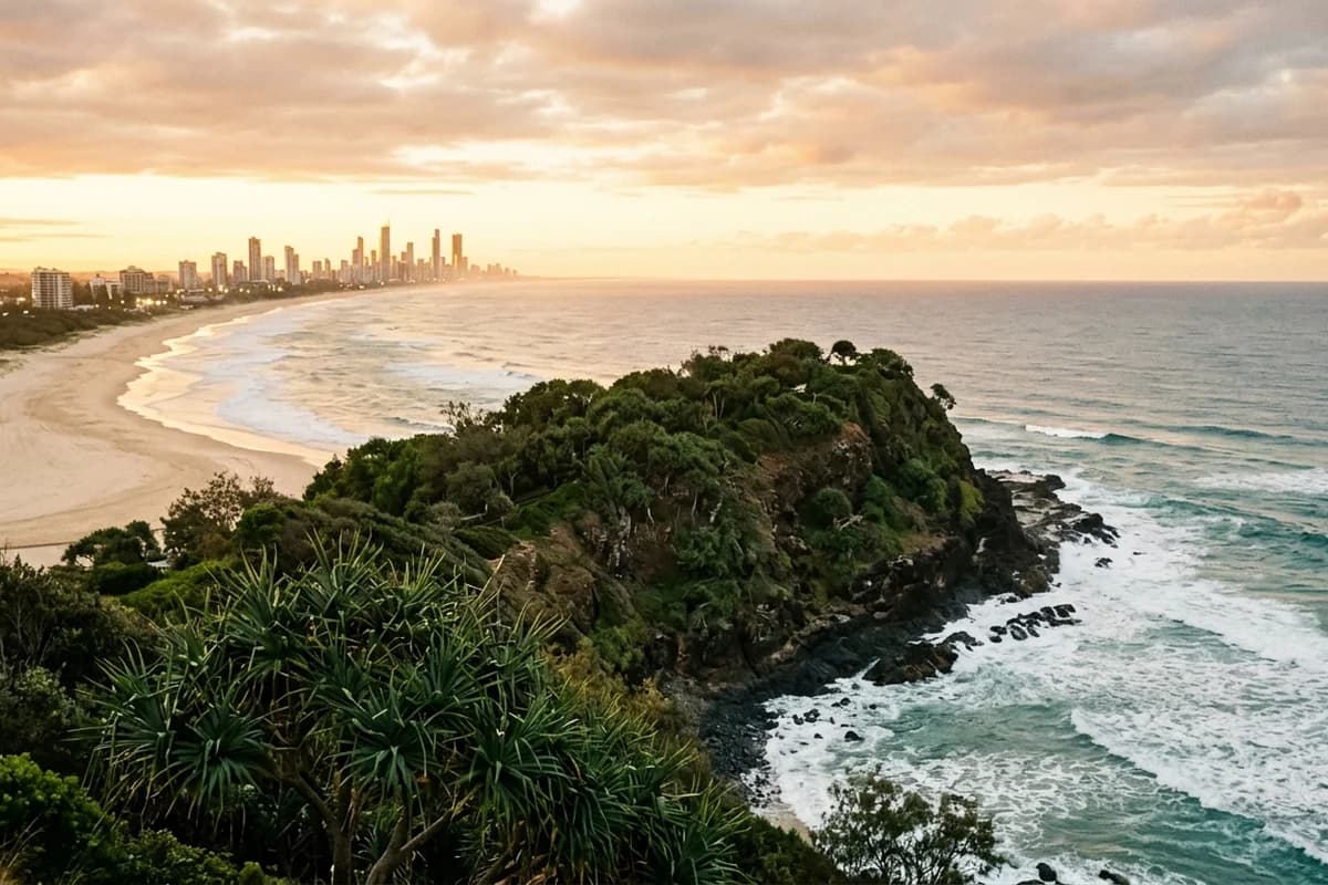 Burleigh Heads headland and beach at sunrise on the Gold Coast