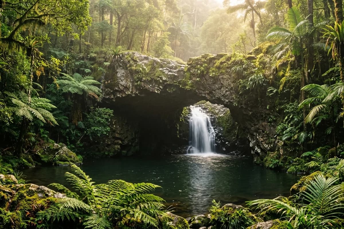 Springbrook rainforest waterfall and Natural Bridge in the Gold Coast hinterland